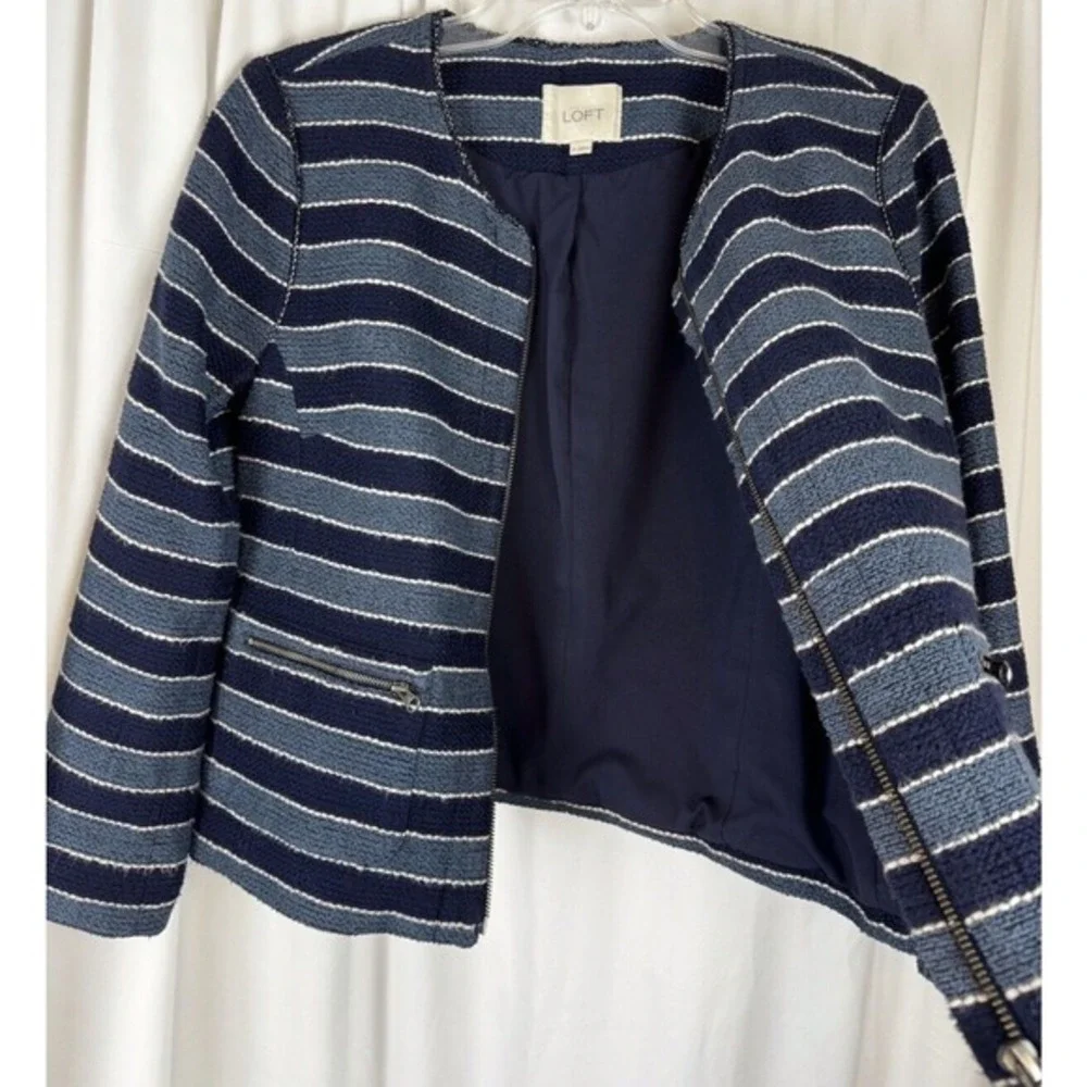 LOFT Navy Blue Striped Full Zip Textured‎ Cotton Blend Jacket 6 Nautical 53-11